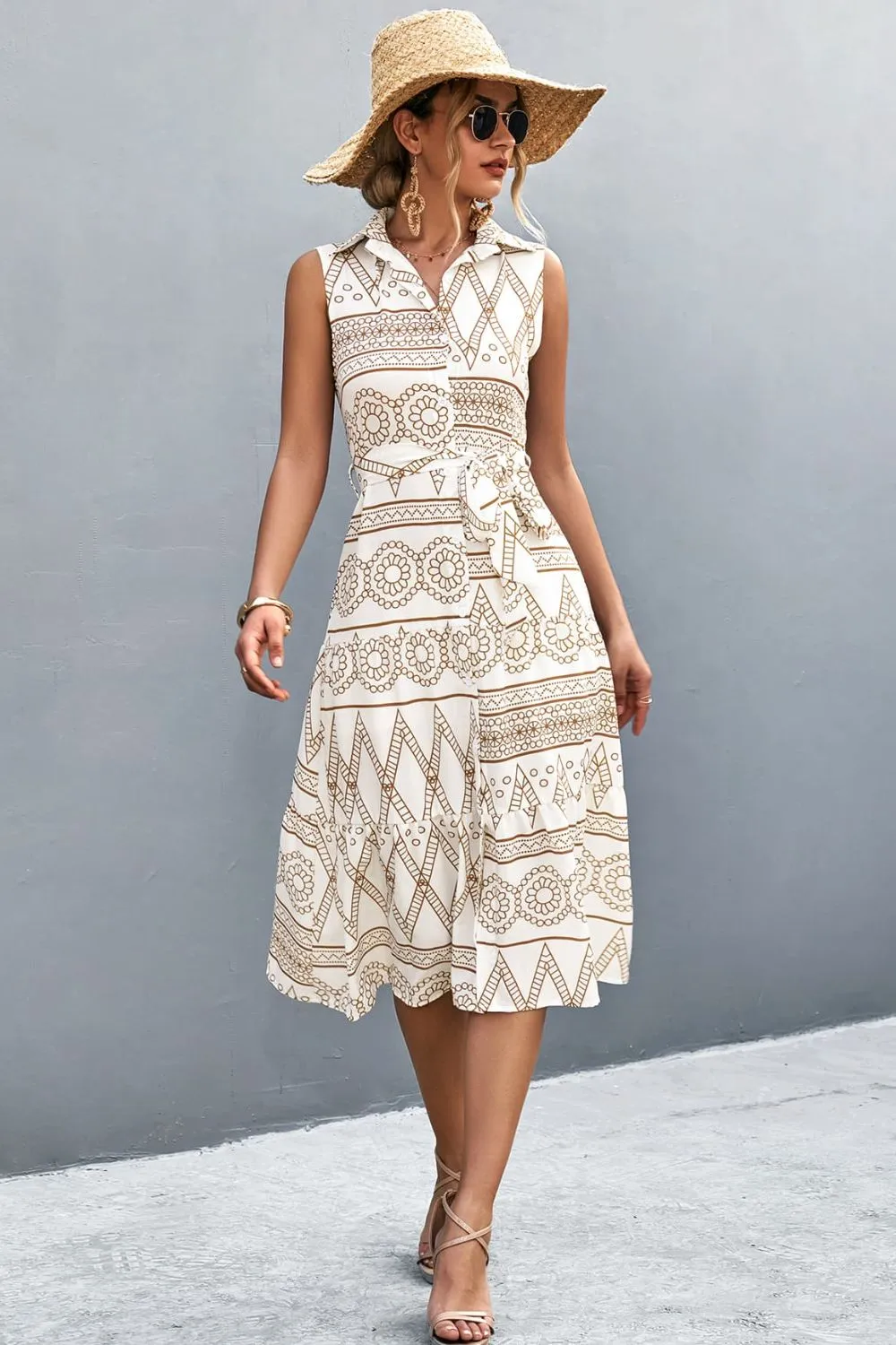 Printed Button Front Tie-Waist Sleeveless Collared Dress, image 2