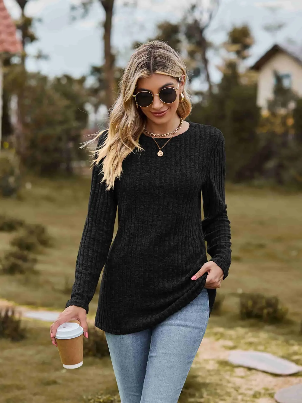 Ribbed Round Neck Long Sleeve Tee, image 22