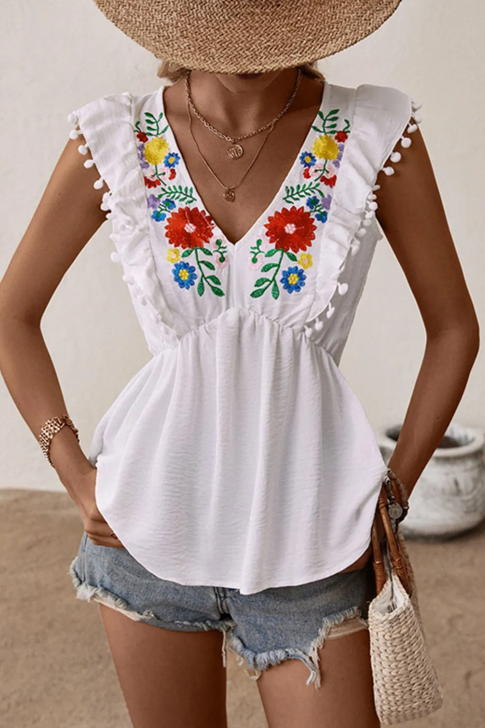 Embroidered Pom-Pom Trim Cap Sleeve Babydoll Top, image 3