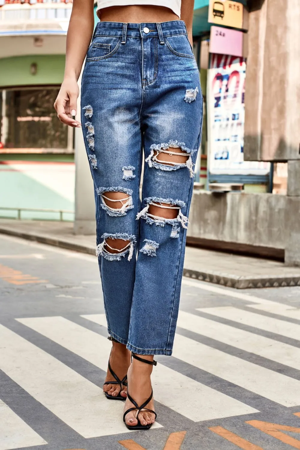 Distressed High Waist Straight Jeans, image 2