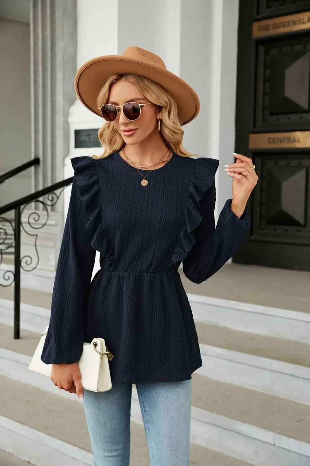 Round Neck Ruffled Peplum Blouse, image 19