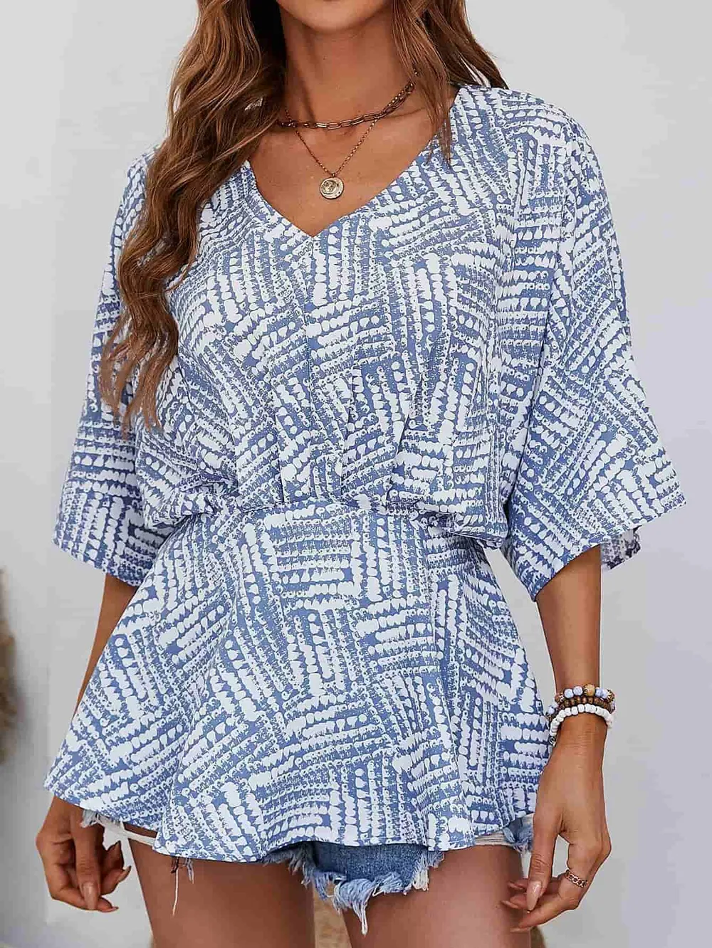 Printed V-Neck Dolman Sleeve Blouse, image 9