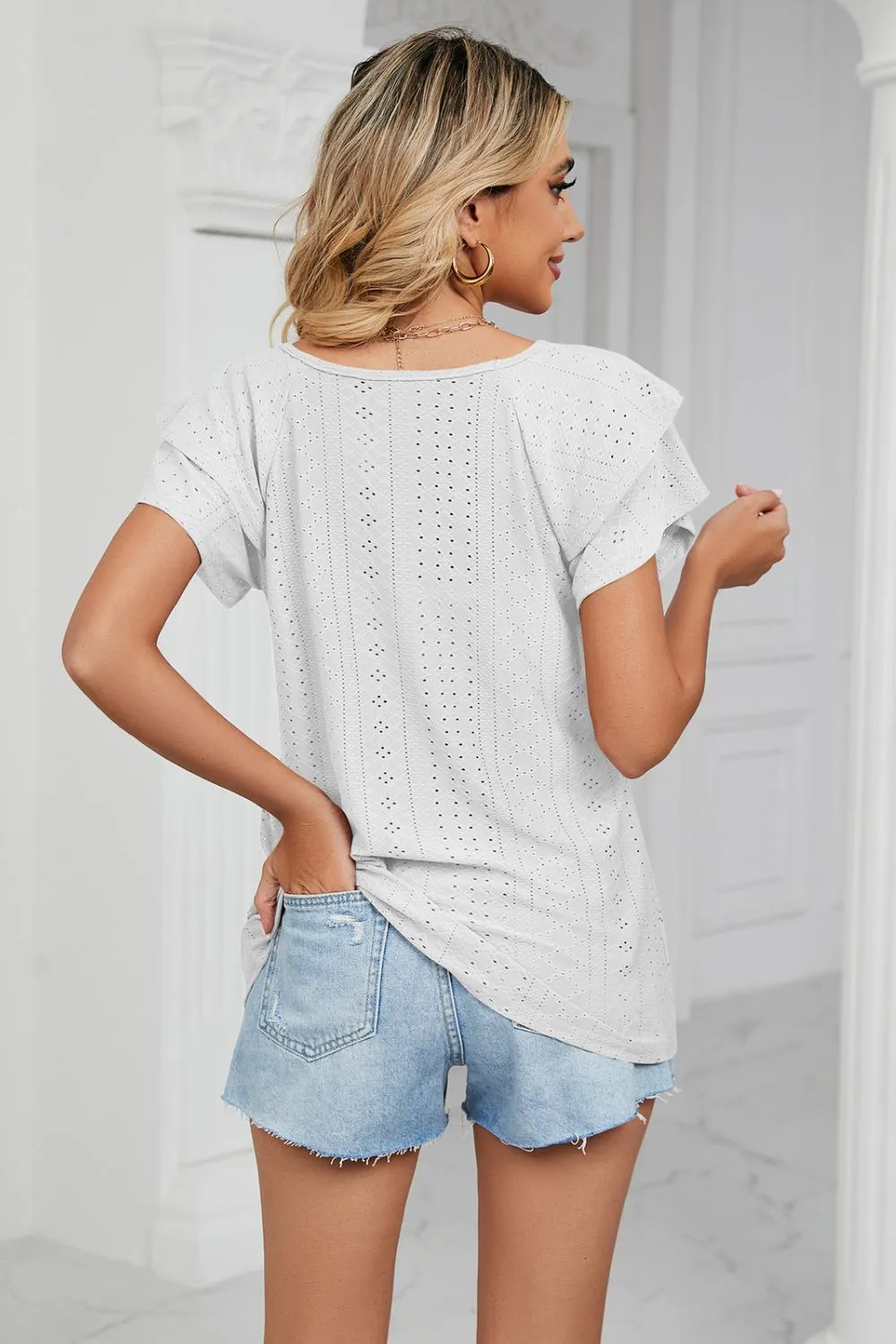 Eyelet Layered Flutter Sleeve V-Neck Knit Top, image 21
