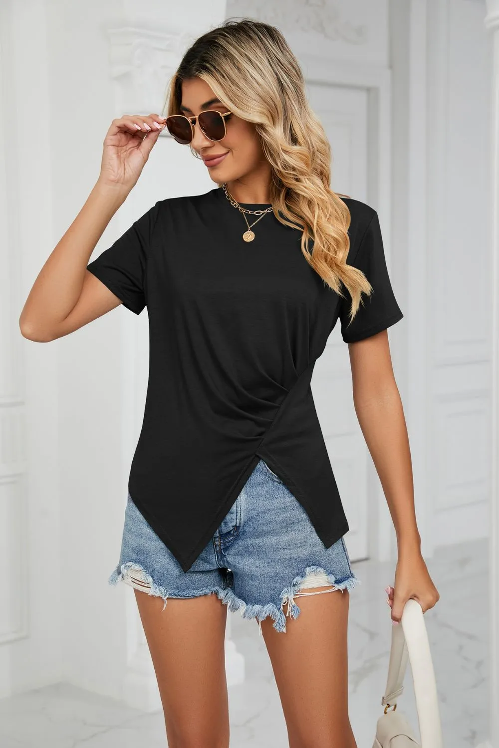 Ruched Hem Detail Crewneck T-Shirt, image 8