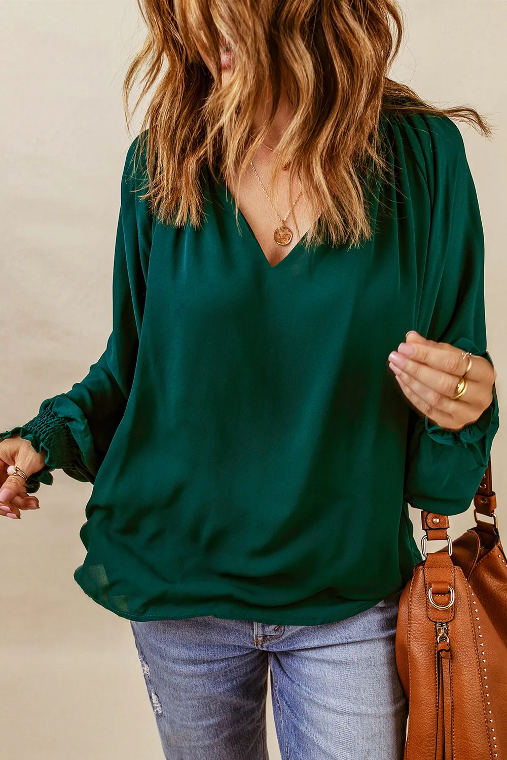 Notched Neck Lantern Sleeve Blouse, image 5