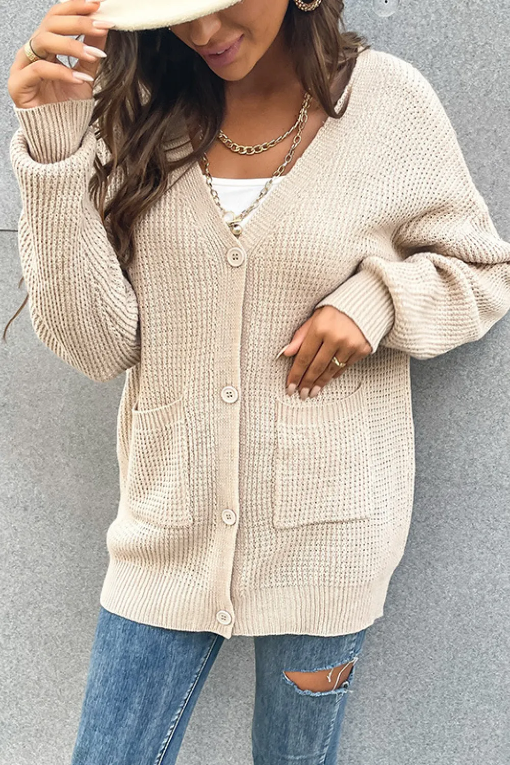 Button Front Drop Shoulder Waffle Cardigan, image 3