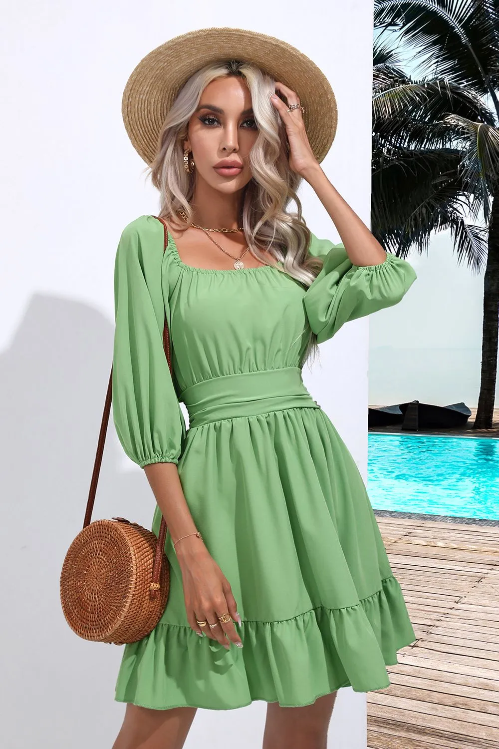 Square Neck Tie Back Ruffle Hem Dress, image 3