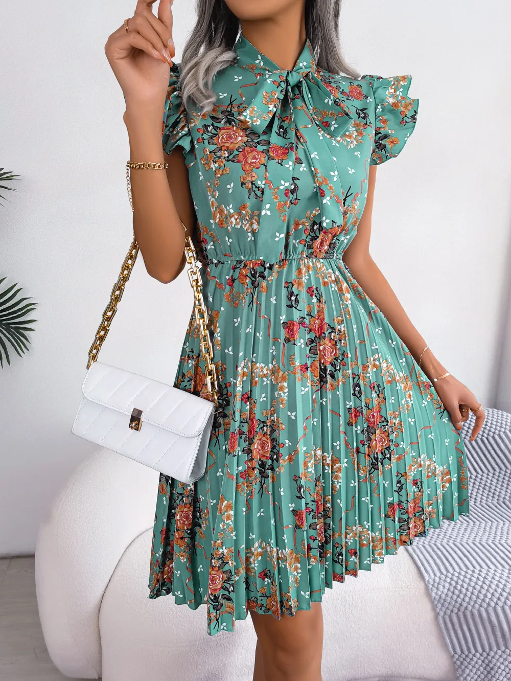 Pleated Floral Printed Tie Neck Knee Length Dress, image 2