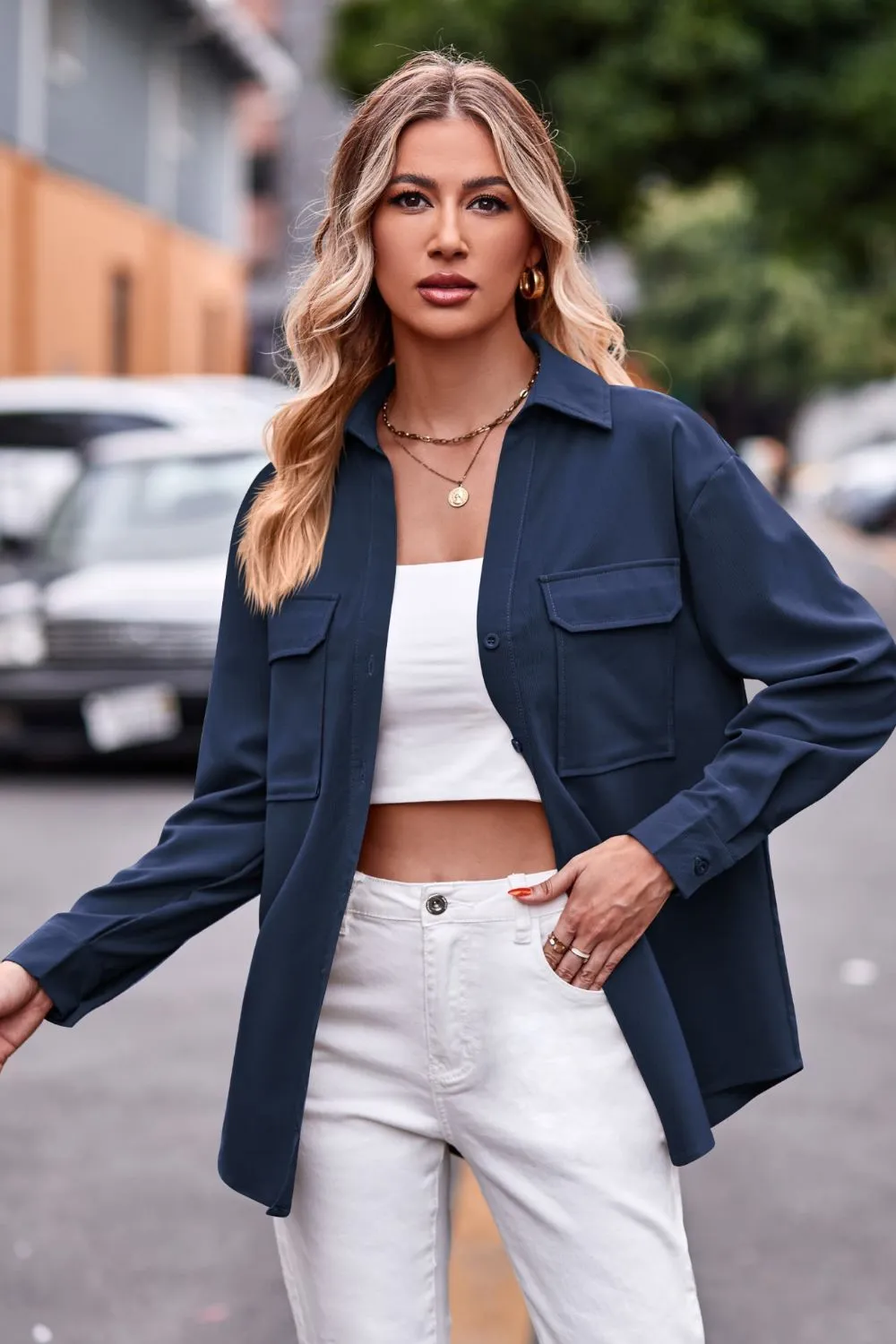 Dropped Shoulder Longline Shirt with Pockets, image 5