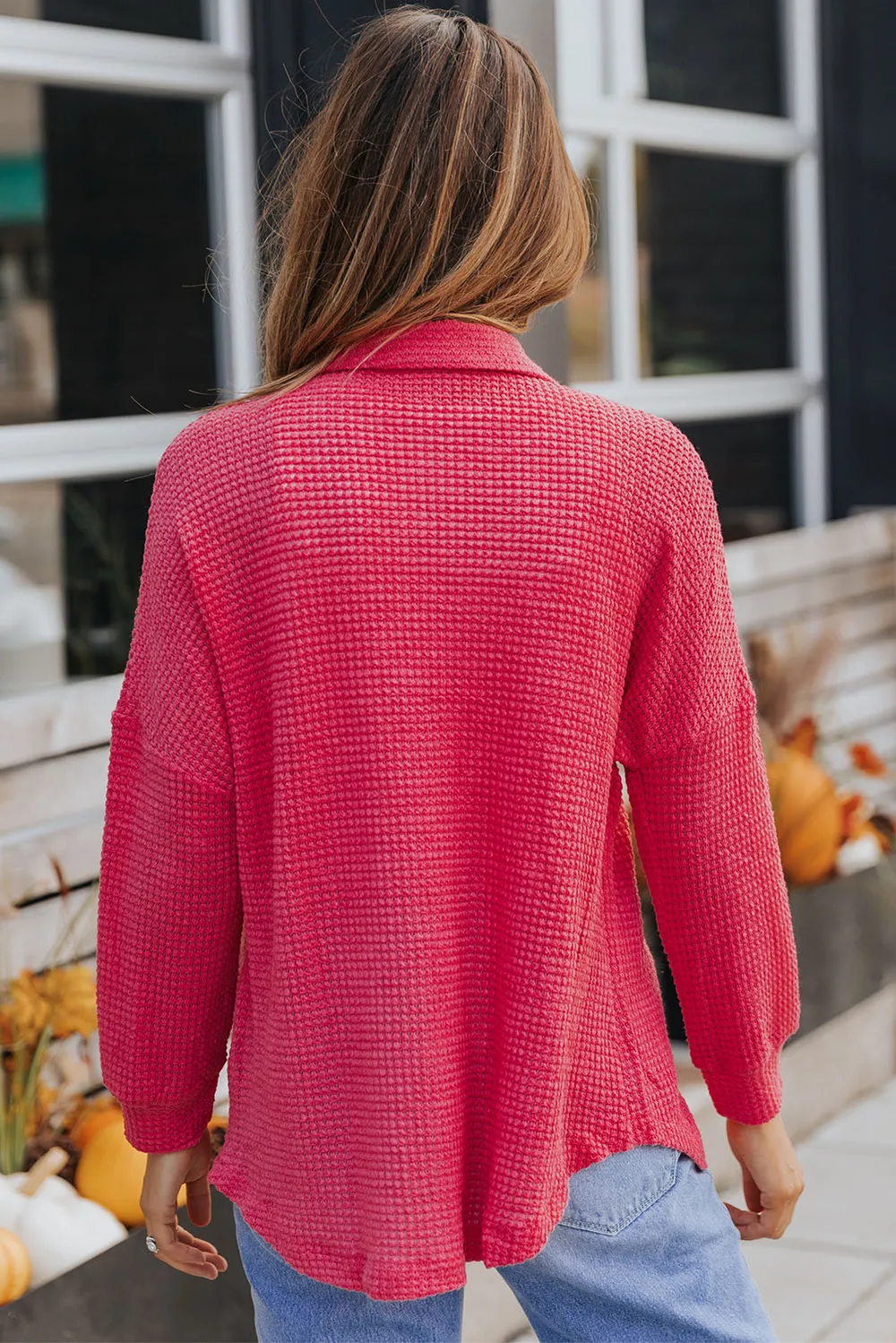 Waffle-Knit Collared Neck Dropped Shoulder Shirt, image 3