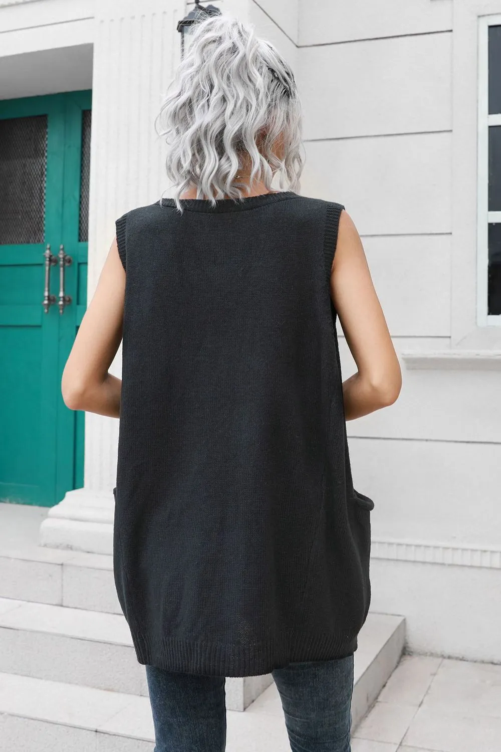 V-Neck Sleeveless Sweater Vest with Pocket, image 7