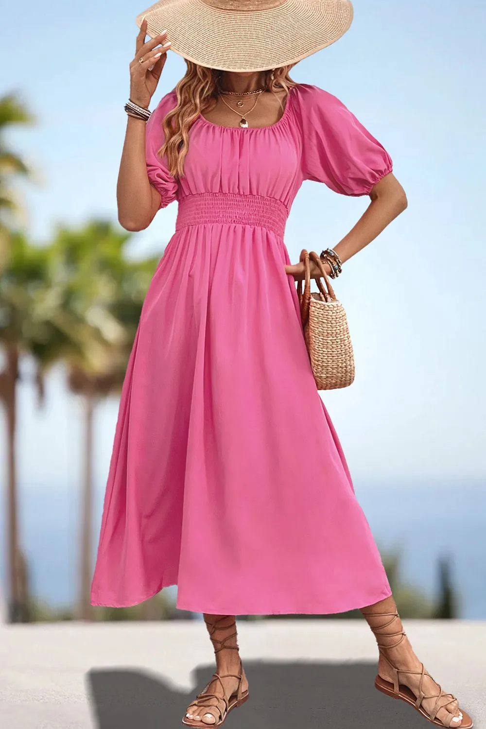 Square Neck Smocked Waist Puff Sleeve Midi Dress, image 4
