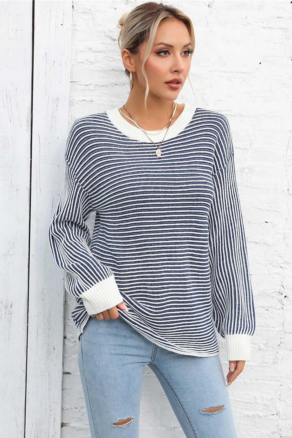 Striped Round Neck Long Sleeve Knit Top, image 2