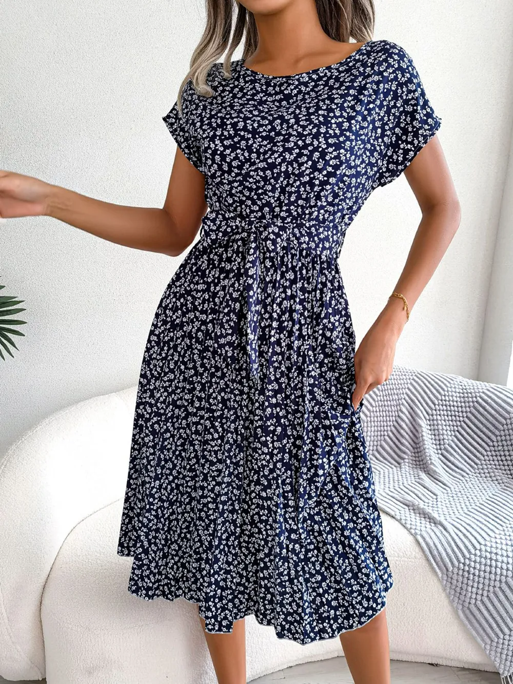 Ditsy Floral Pleated Belted Dress, image 3