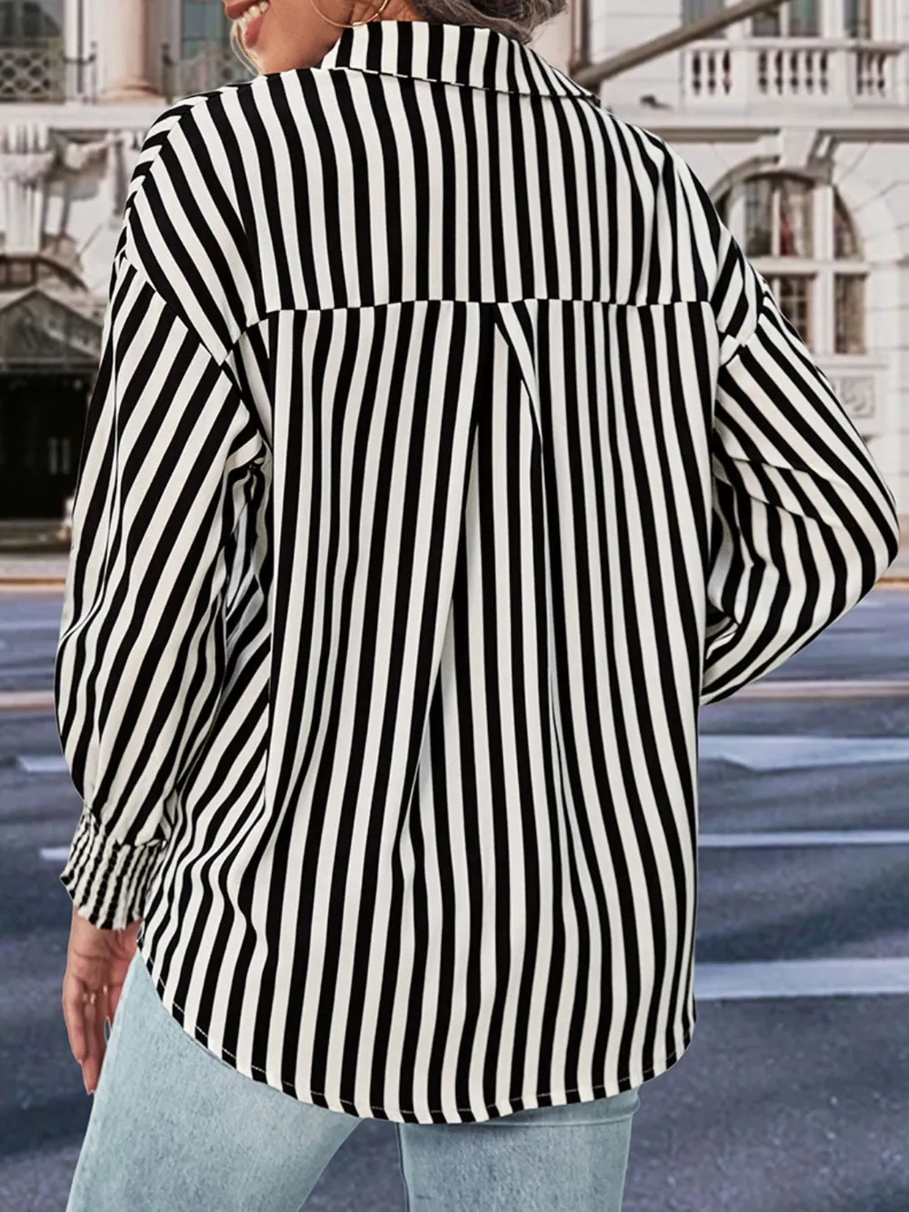 Striped Dropped Shoulder Smocked Wristband Shirt, image 2