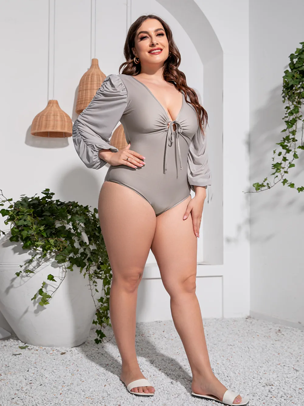 Plus Size Tied Deep V Balloon Sleeve One-Piece Swimsuit, image 10