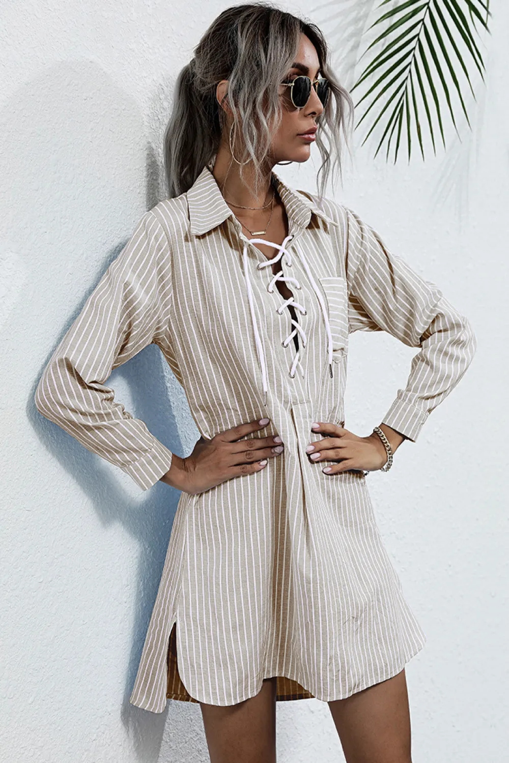 Lace Up Collar Shirt Dress, image 2