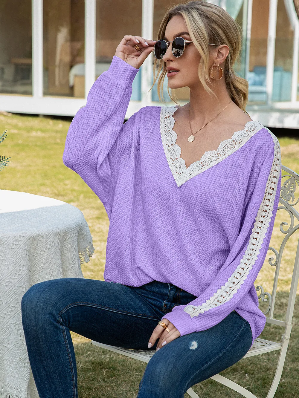 Contrast Spliced Lace V-Neck Top, image 4