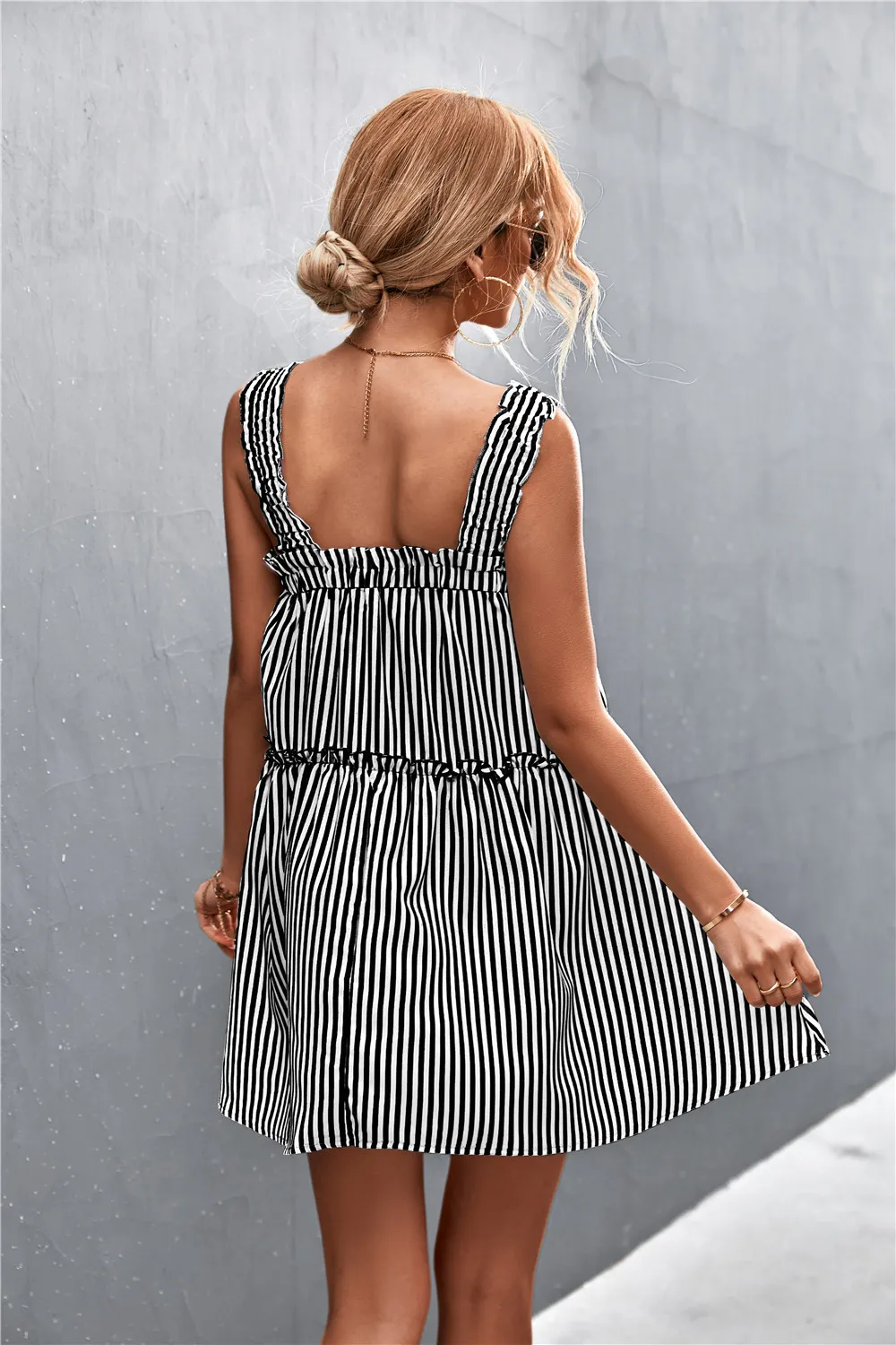 Striped Frill Trim Square Neck Dress, image 4