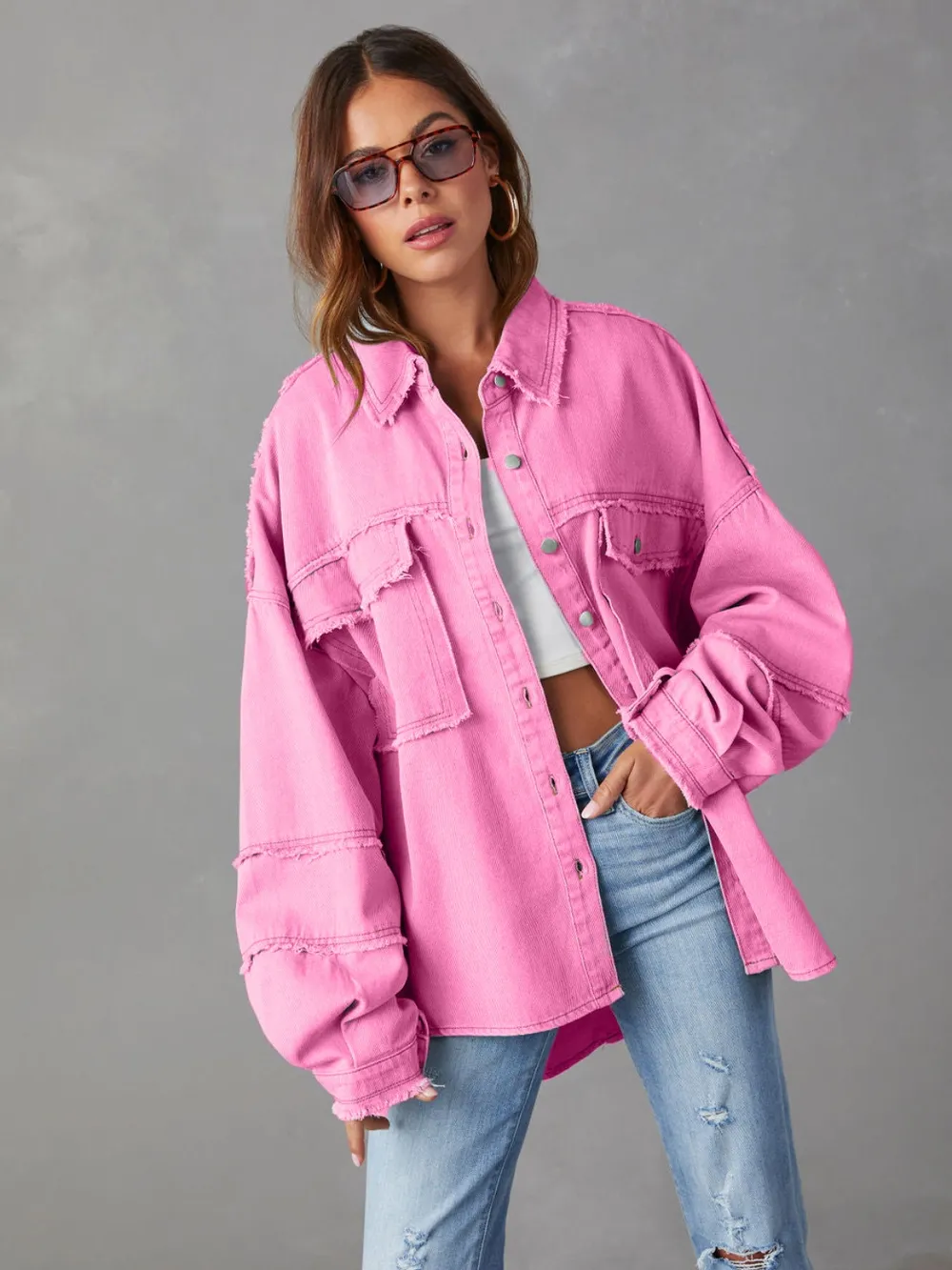 Dropped Shoulder Raw Hem Jacket, image 2