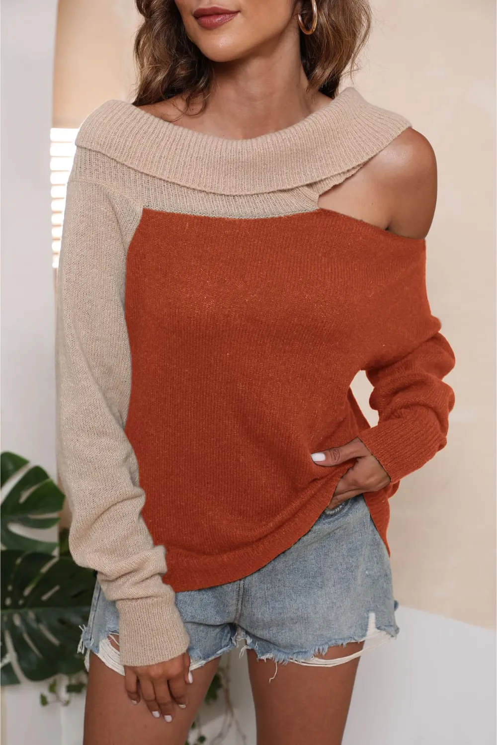 Asymmetrical Long Sleeve Two-Tone Cutout Sweater, image 8