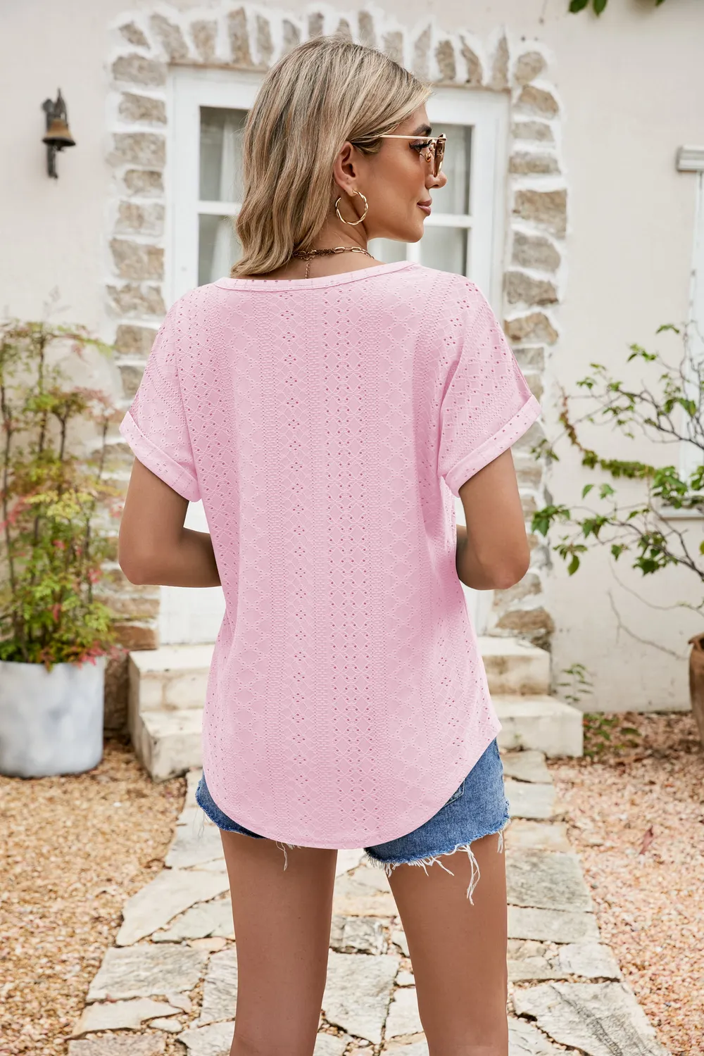 Full Size Round Neck Eyelet Short Sleeve Top, image 2