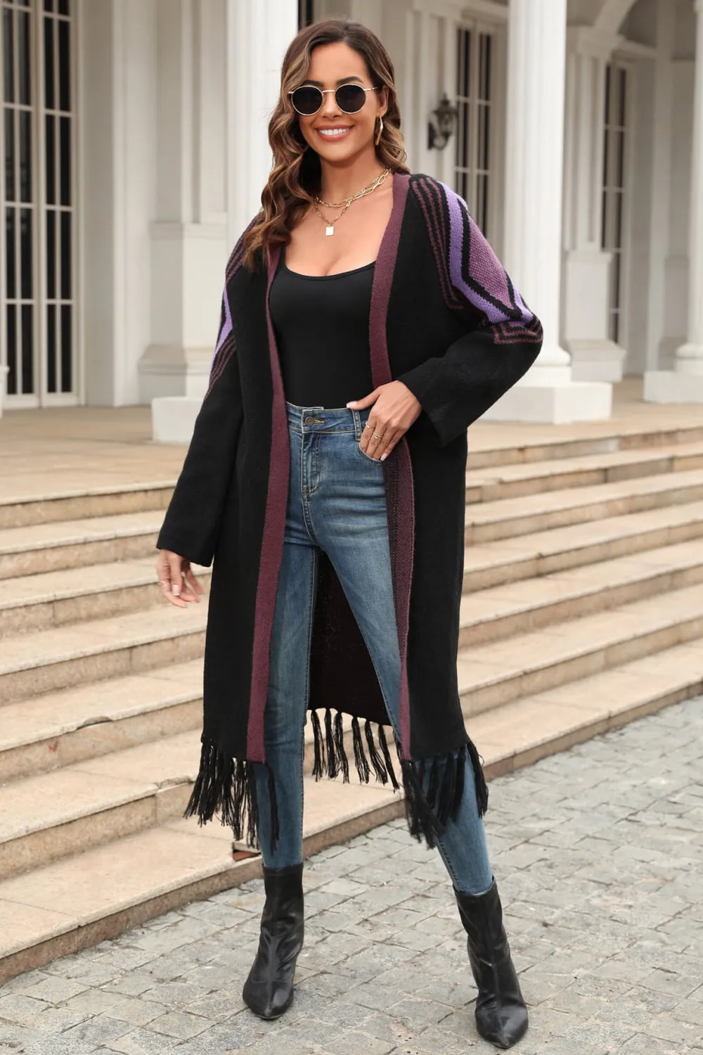 Geometric Fringe Hem Open Front Duster Cardigan, image 18