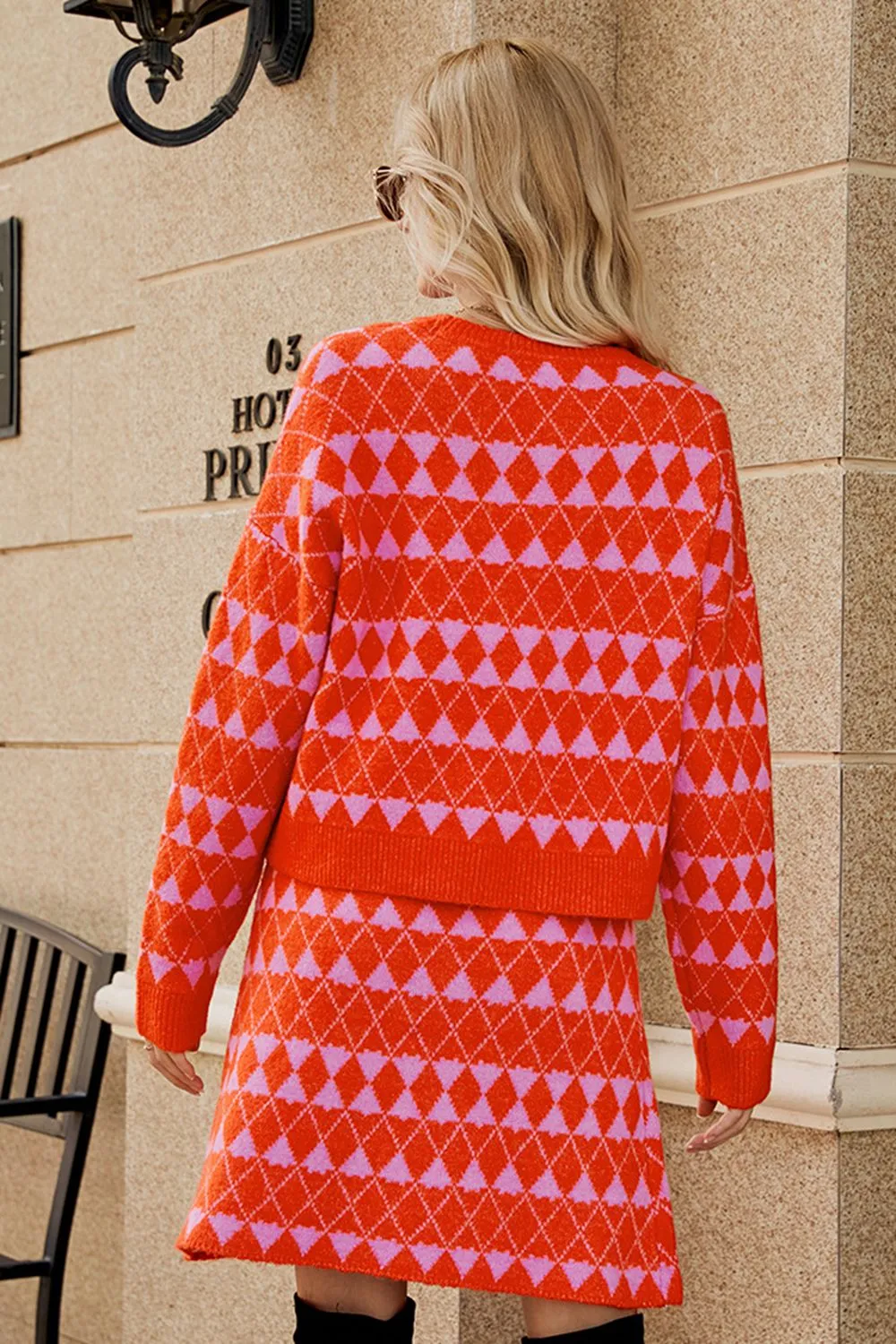 Geometric Dropped Shoulder Cardigan and Knit Skirt Set, image 3