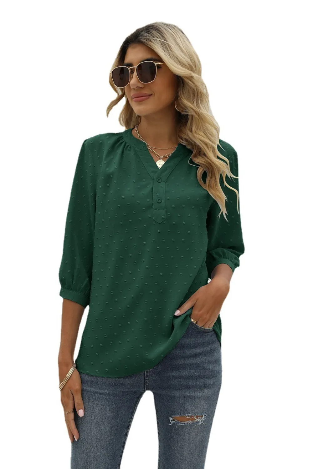 Swiss Dot Notched Neck Three-Quarter Sleeve Blouse, image 19