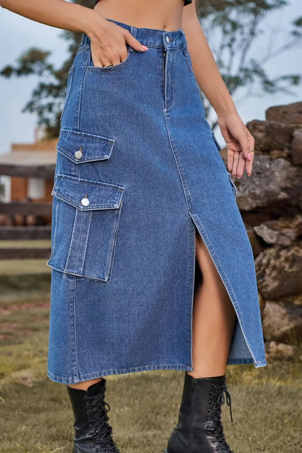 Slit Front Midi Denim Skirt with Pockets, image 3