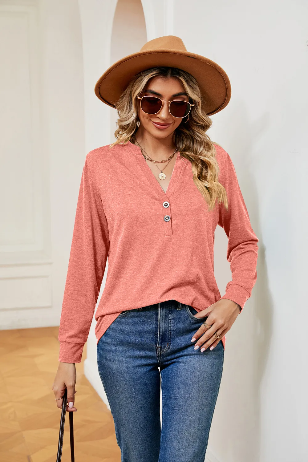 Buttoned Notched Neck Long Sleeve Top, image 10