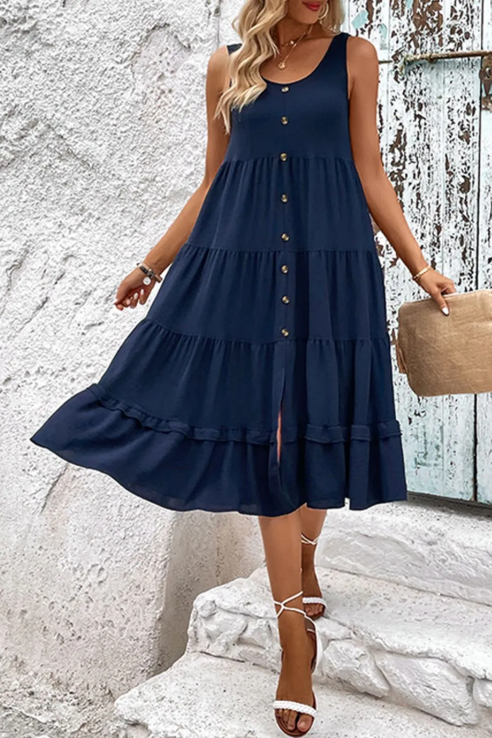 Decorative Button Scoop Neck Tiered Sleeveless Dress, image 5