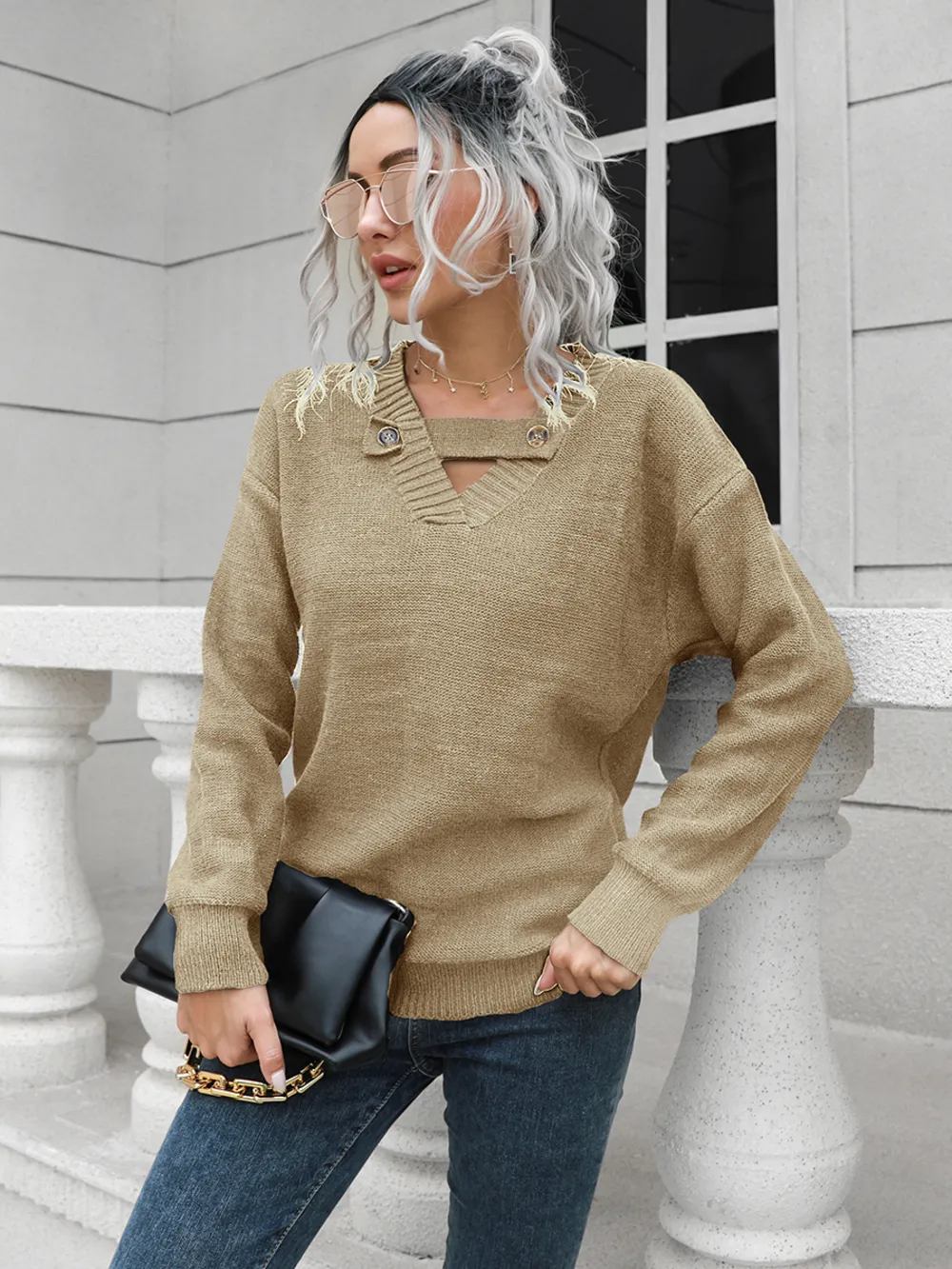 Dropped Shoulder Button Detail Sweater, image 4