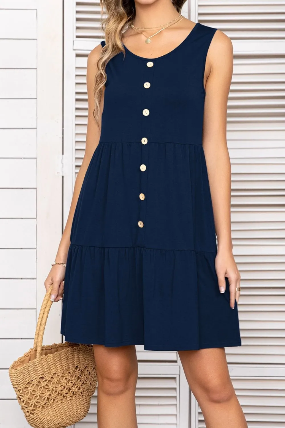 Decorative Button Scoop Neck Sleeveless Tiered Dress, image 3