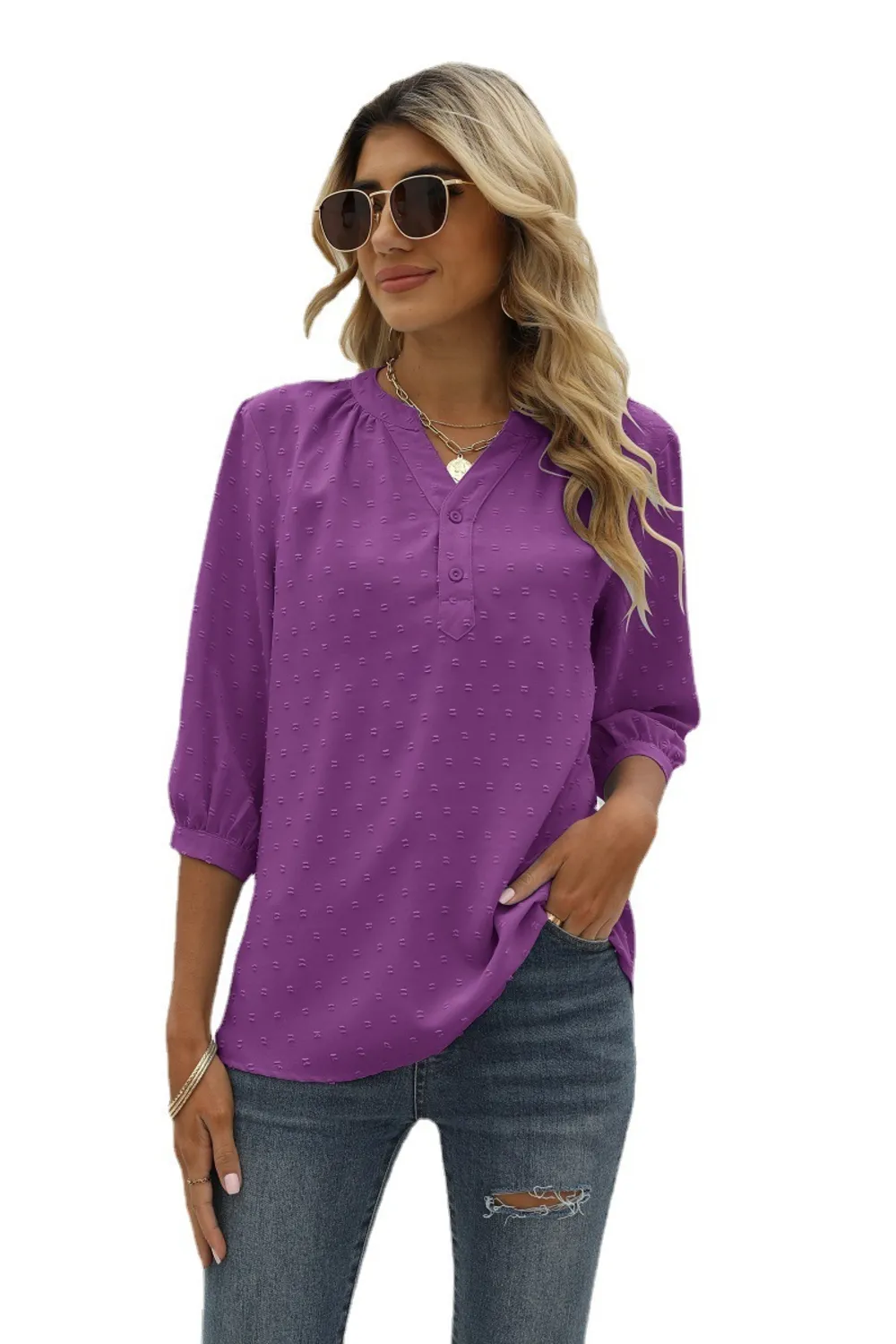 Swiss Dot Notched Neck Three-Quarter Sleeve Blouse, image 16