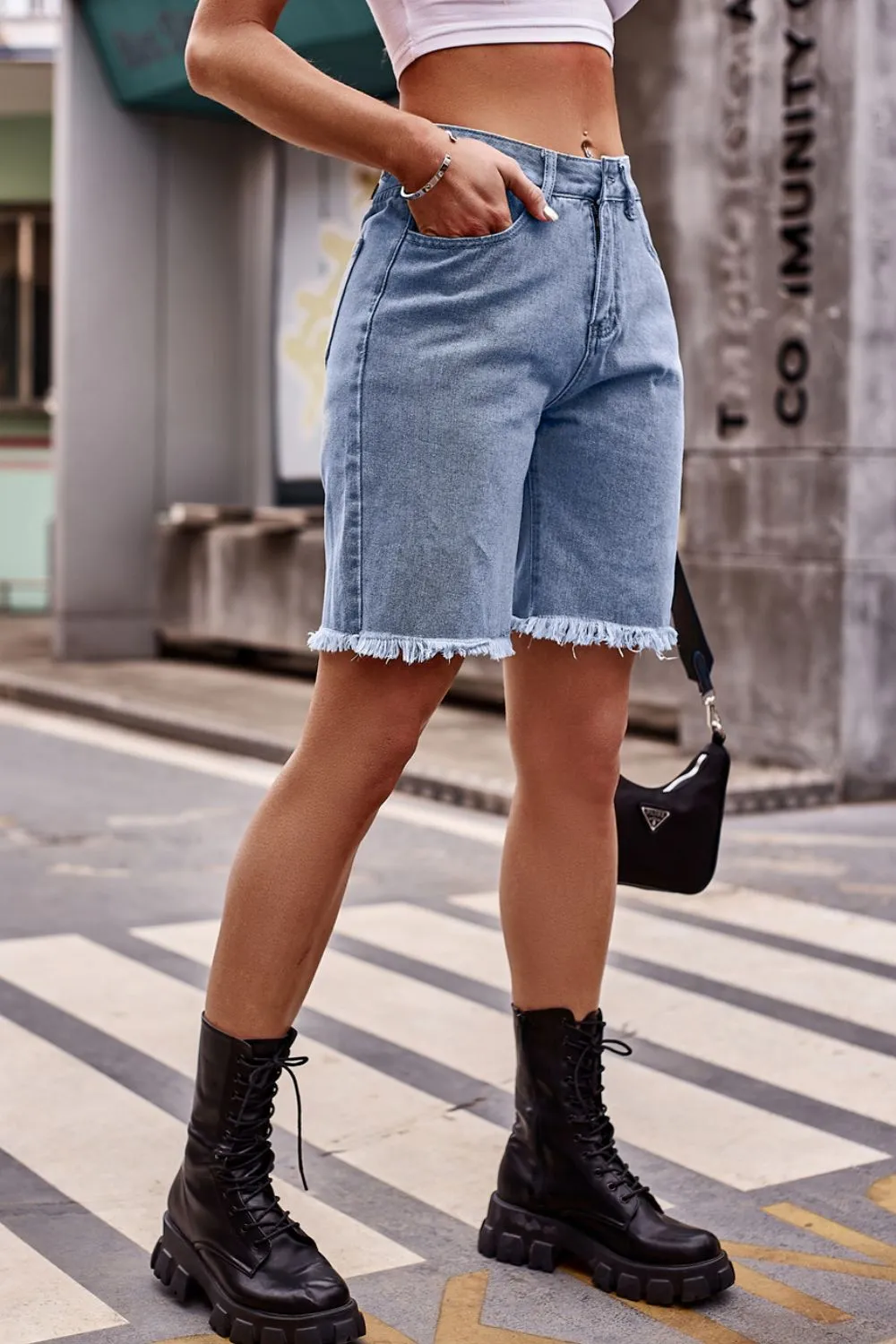 Raw Hem Denim Shorts with Pockets, image 2