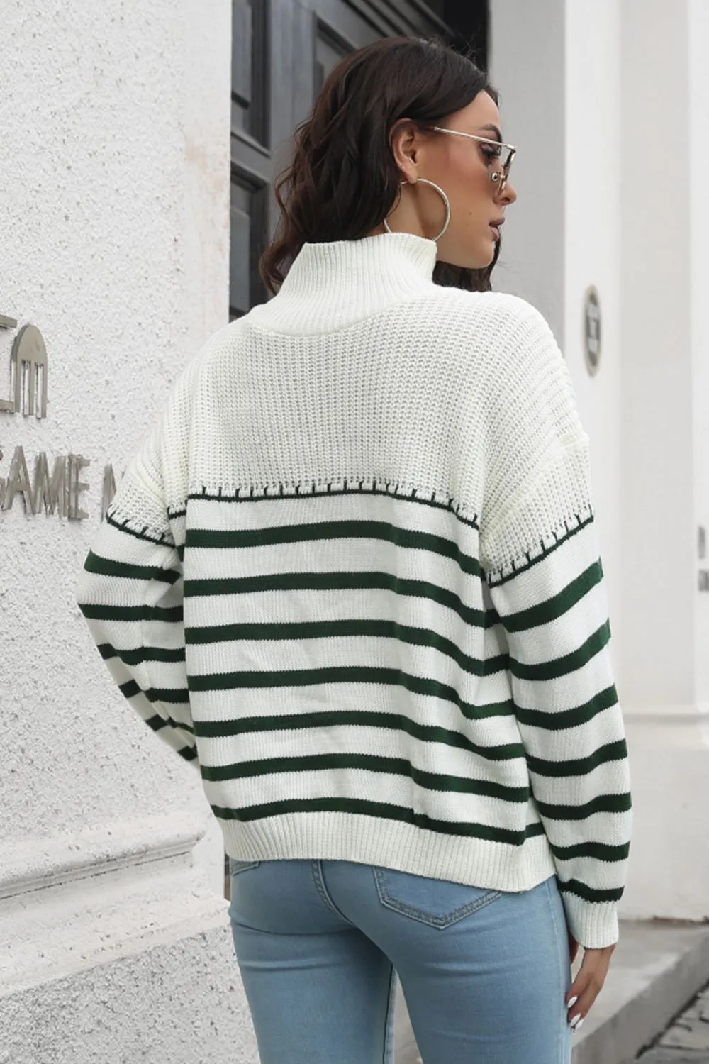 Striped Turtleneck Drop Shoulder Sweater, image 3