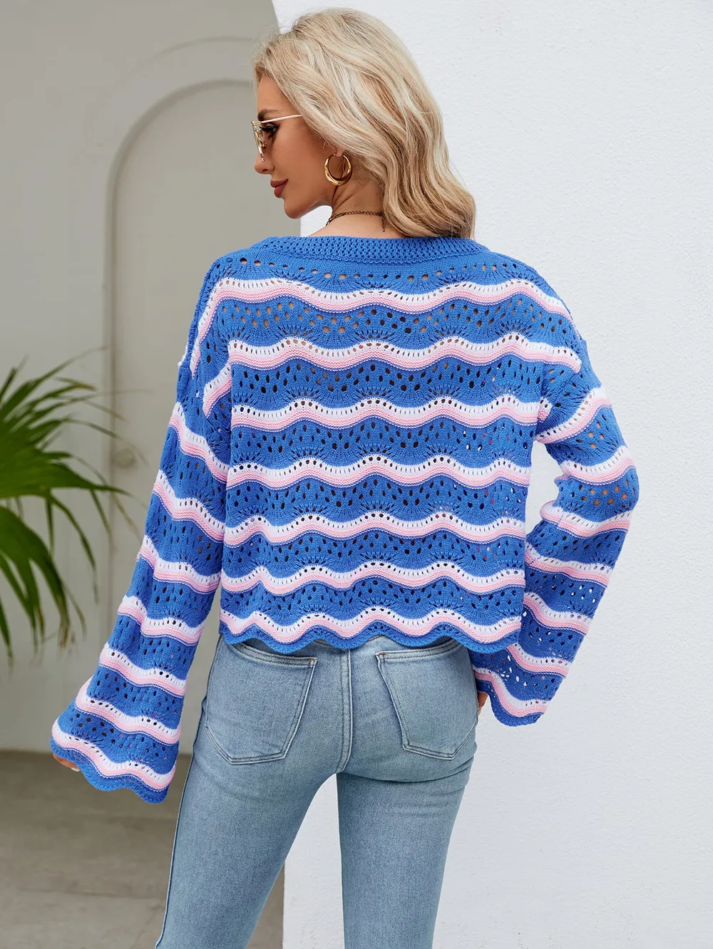 Round Neck Openwork Flare Sleeve Knit Top, image 13