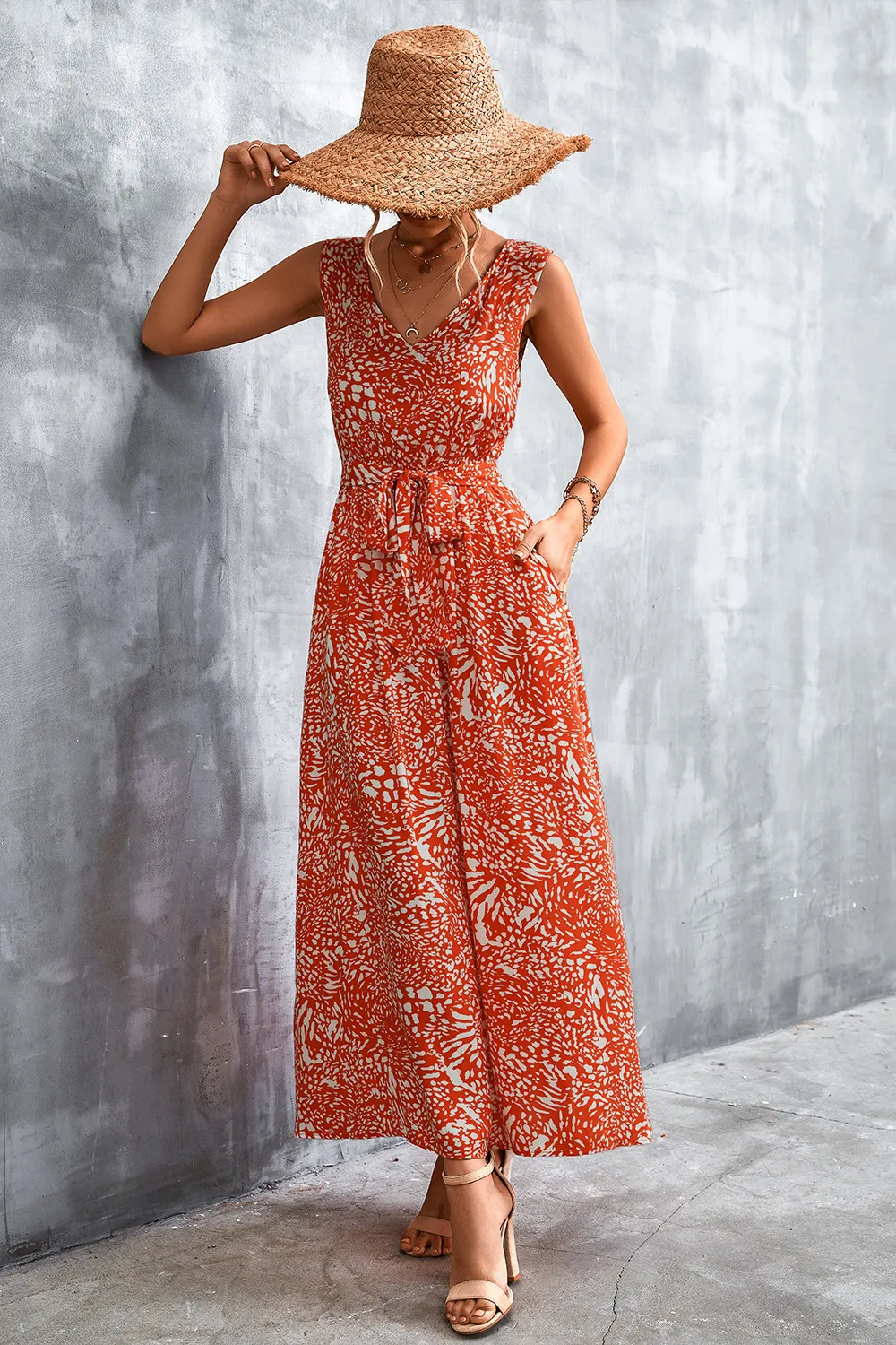 Printed V-Neck Tie Waist Maxi Dress, image 2