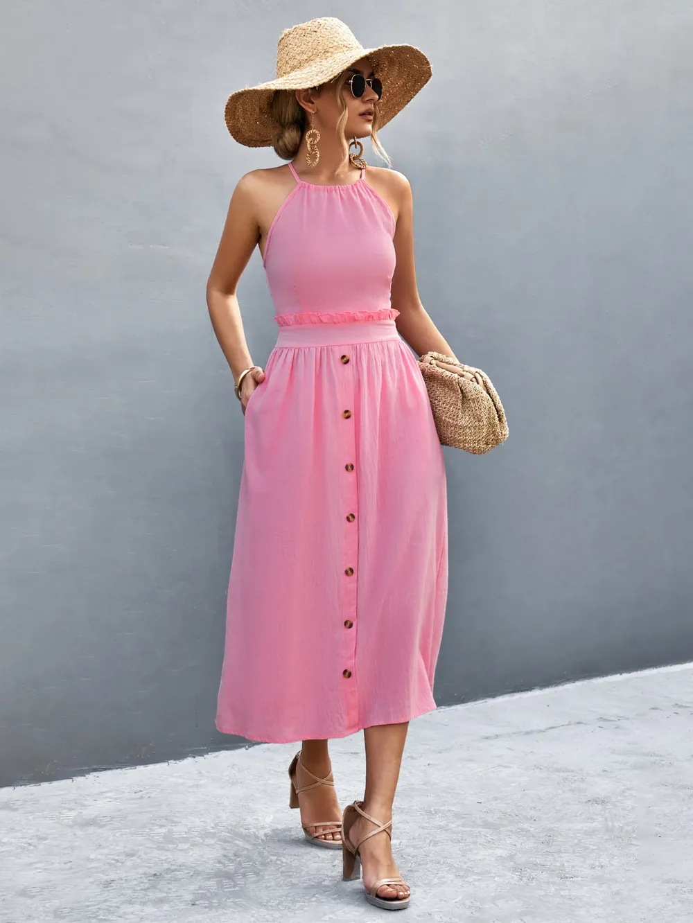 Buttoned Halter Neck Frill Trim Midi Dress, image 3
