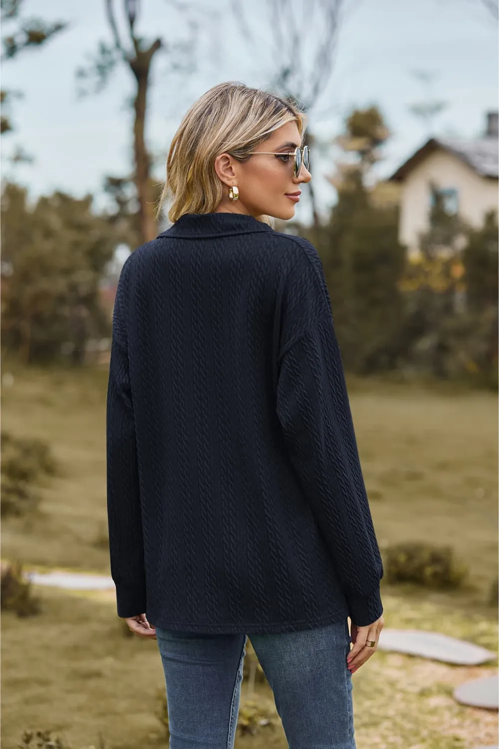 Collared Neck Cable-Knit Long Sleeve Blouse, image 24
