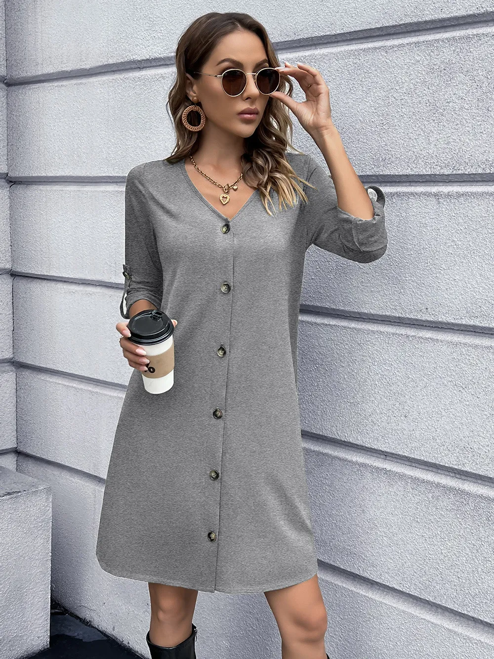 Button Down V-Neck Mini Dress, image 7