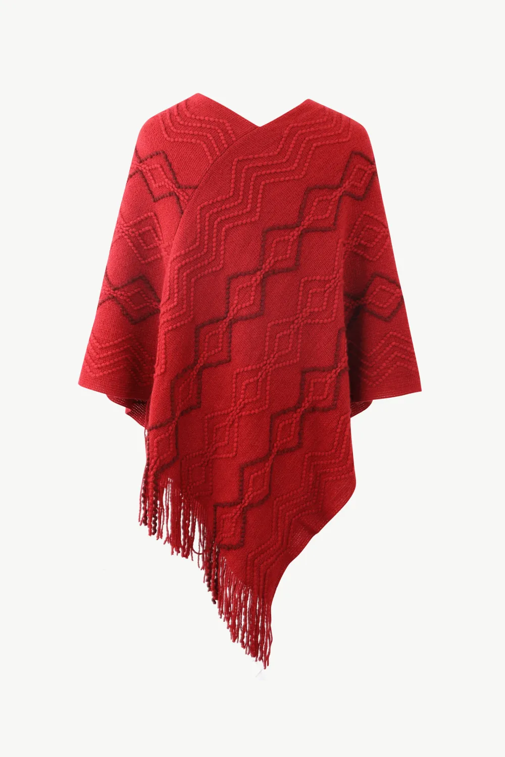 Pearl Trim V-Neck Fringe Hem Poncho, image 6