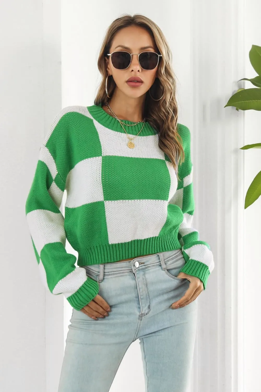 Color Block Round Neck Dropped Shoulder Sweater, image 2
