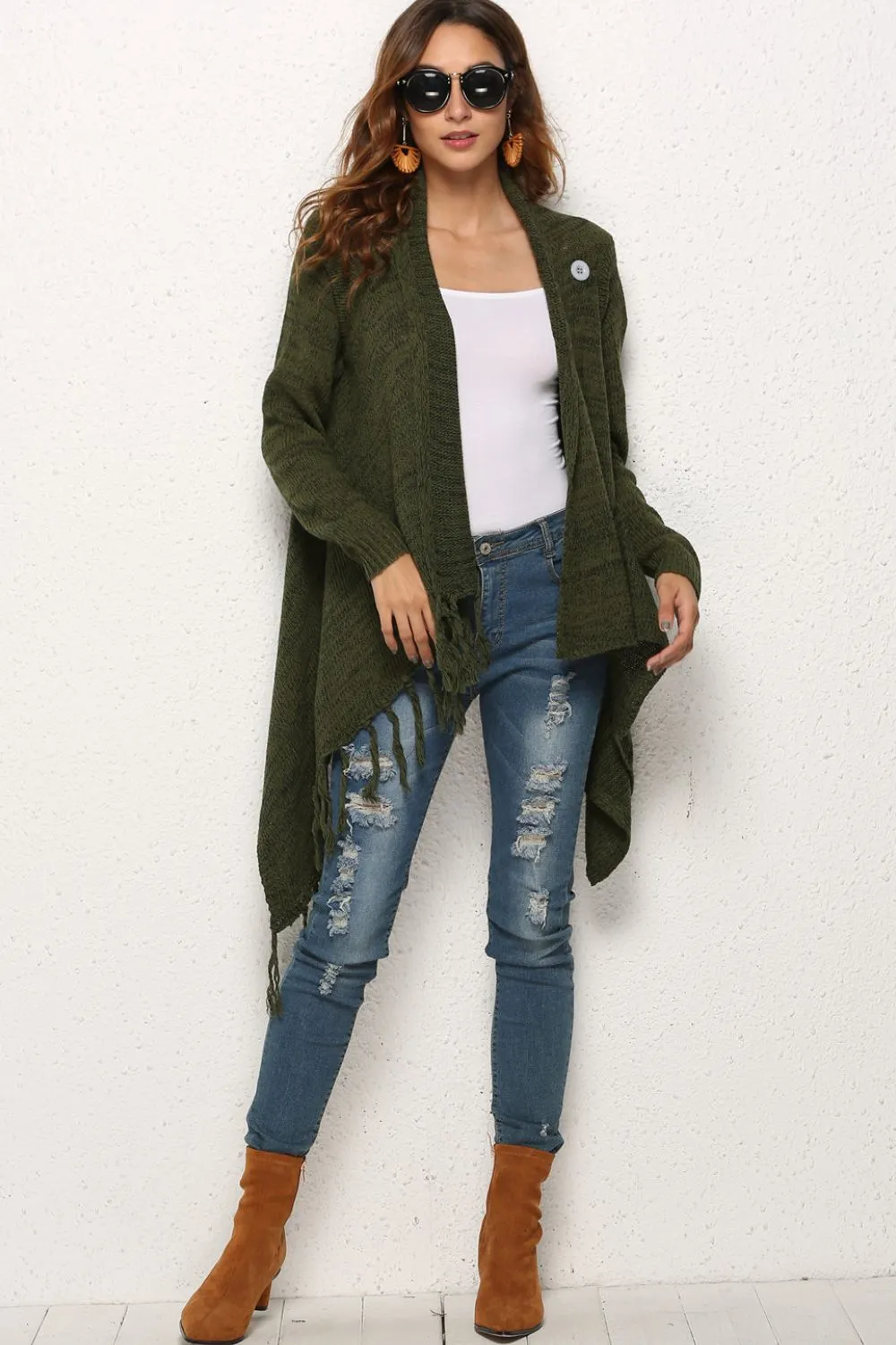 One-Button Tassel Tie Asymmetrical Hem Cardigan, image 11