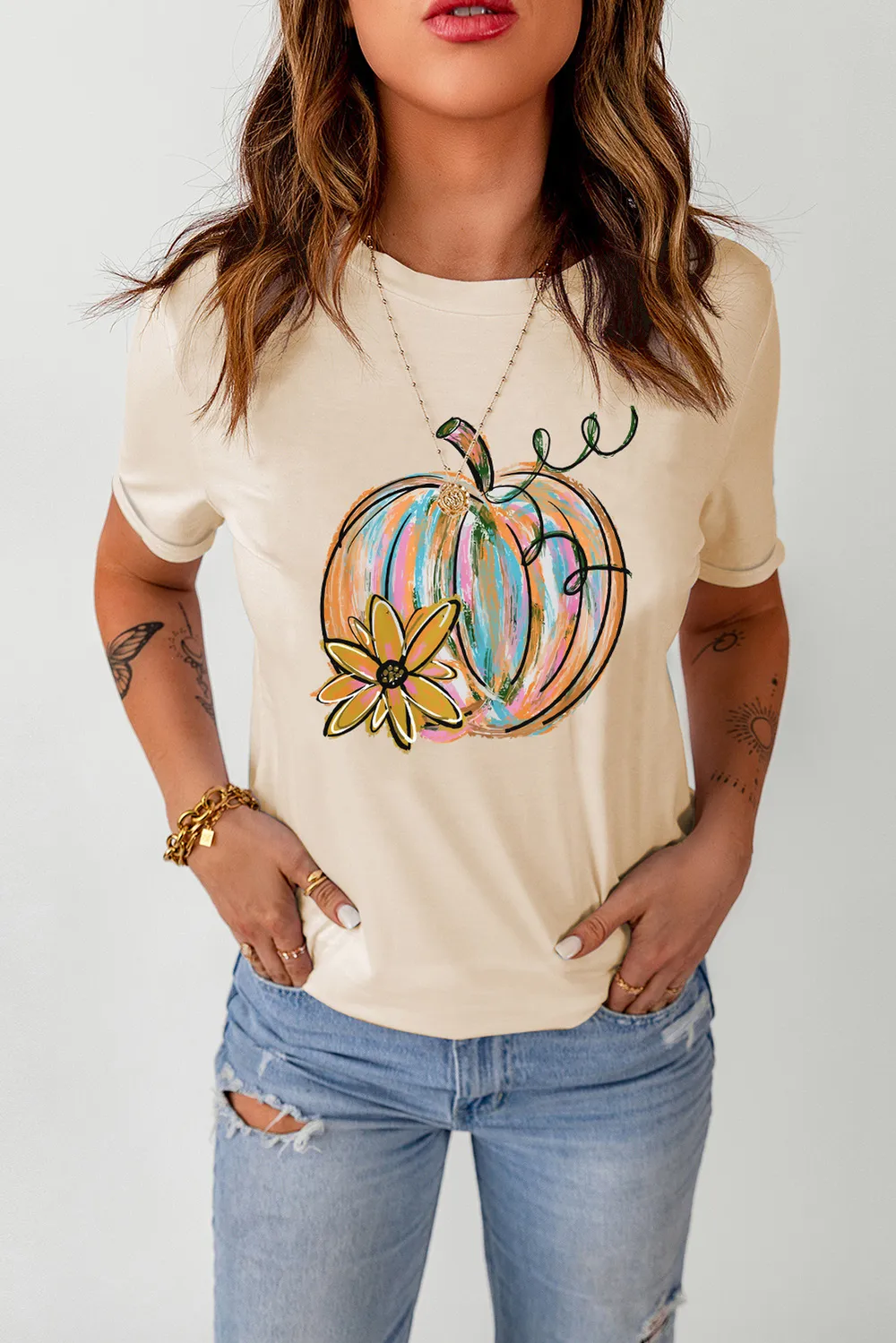 Pumpkin Graphic Round Neck T-Shirt, image 3