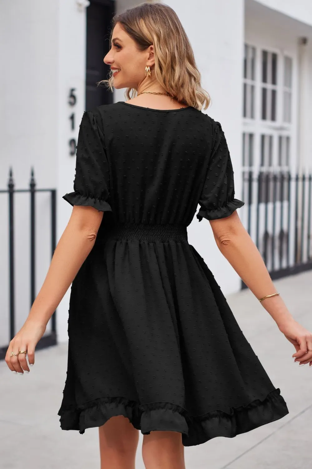 Swiss Dot Frill Trim Flounce Sleeve V-Neck Dress, image 6