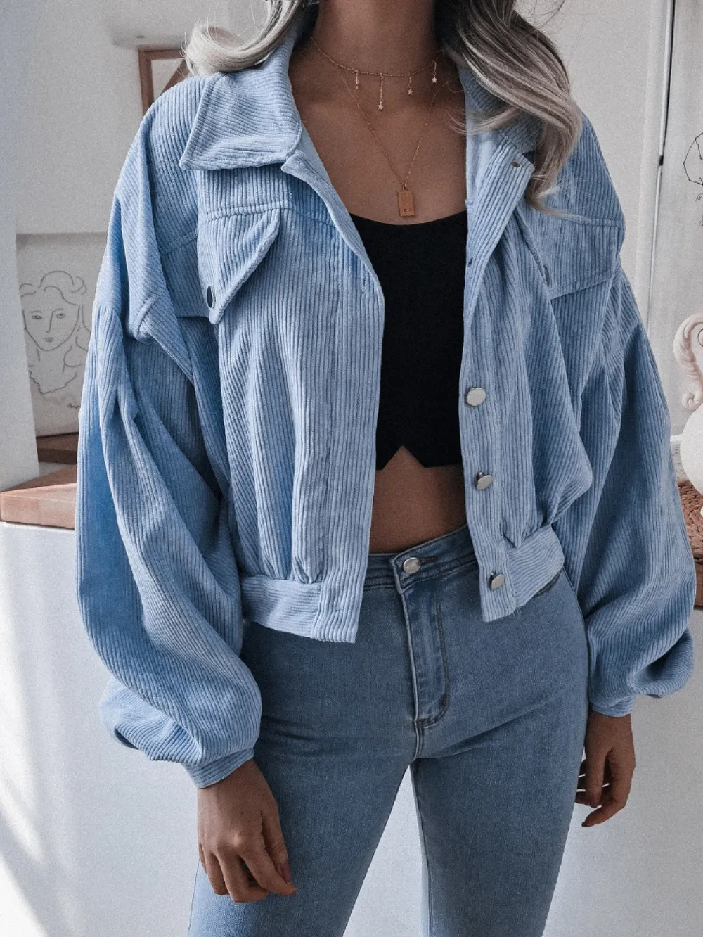 Lantern Sleeve Cropped Corduroy Jacket, image 2