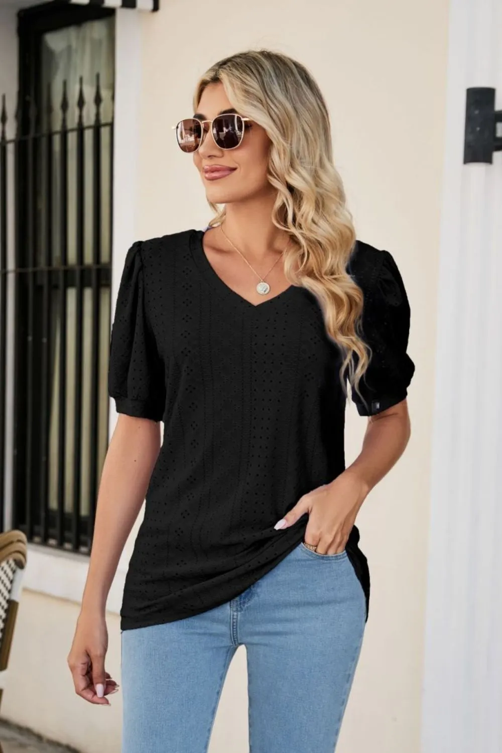Eyelet Puff Sleeve V-Neck Top, image 5