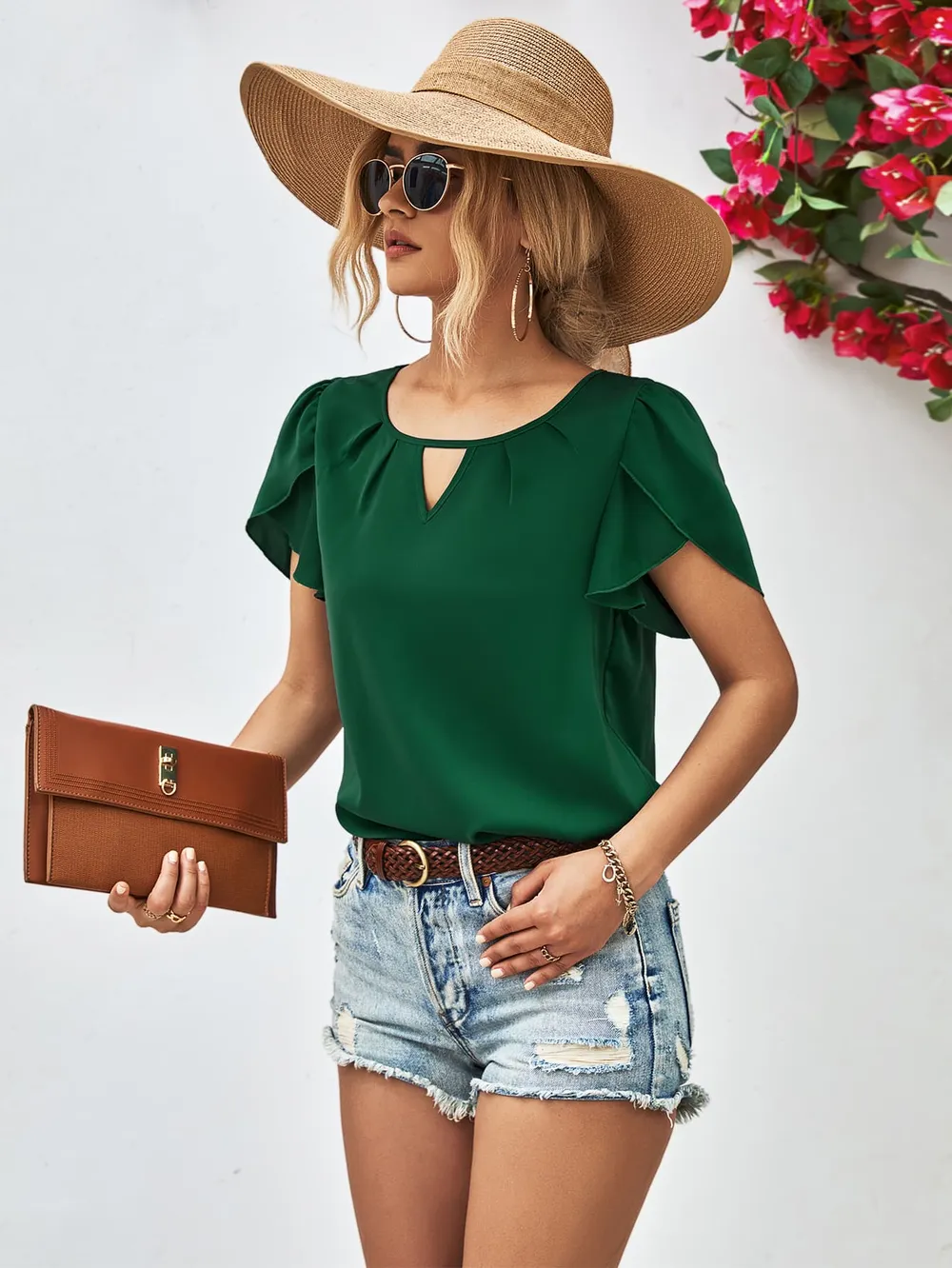 Cutout Round Neck Petal Sleeve Blouse, image 2
